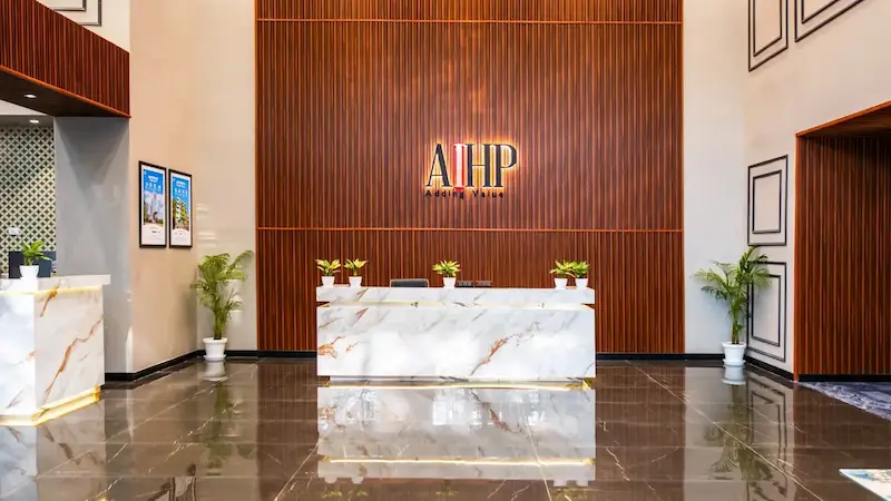 AIHP branded reception in a managed Gurgaon office